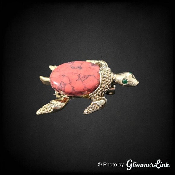Vintage 1960s Gerry's Pink Stone Rhinestone Turtle Gold Tone Brooch Pin - Picture 1 of 9